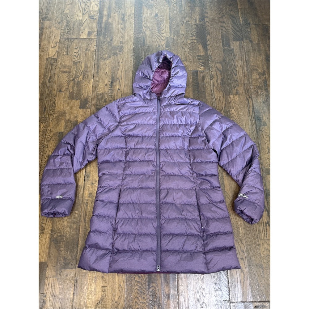 Eddie Bauer EB650 Down Parka Womens XL Purple Long Hooded Puffer Coat EUC